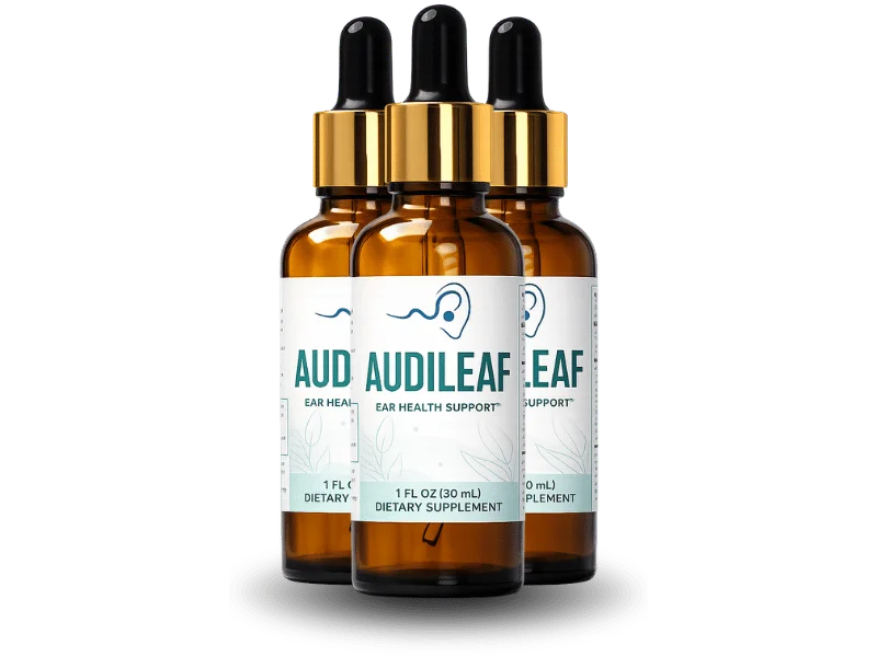 Three bottles of AudiLeaf liquid ear health supplement